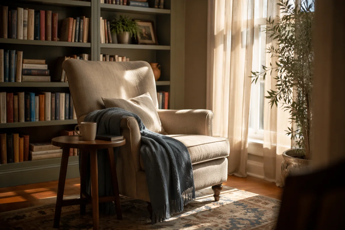 Cozy Reading Corner with Tall Bookshelf