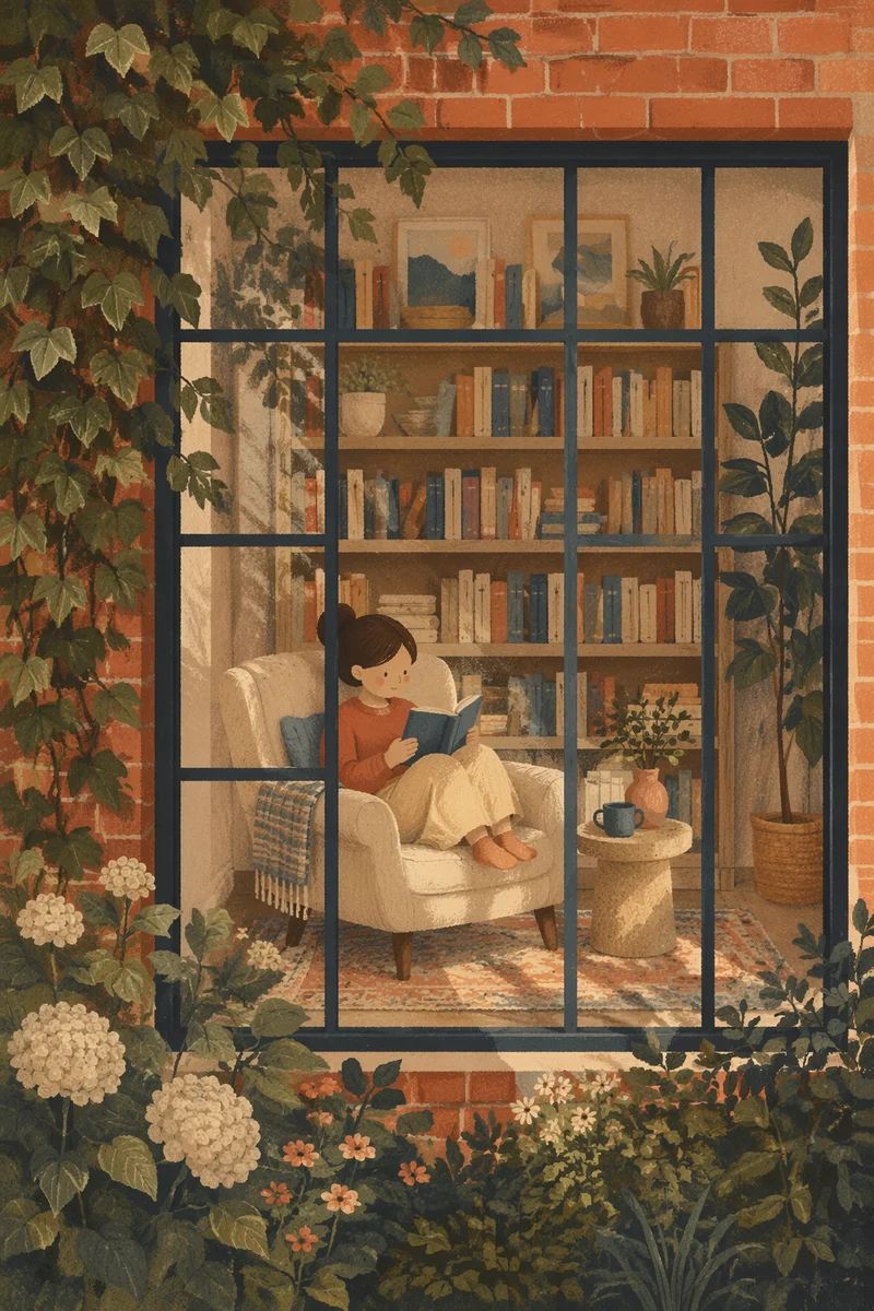 Cozy Home Library Through Garden Window