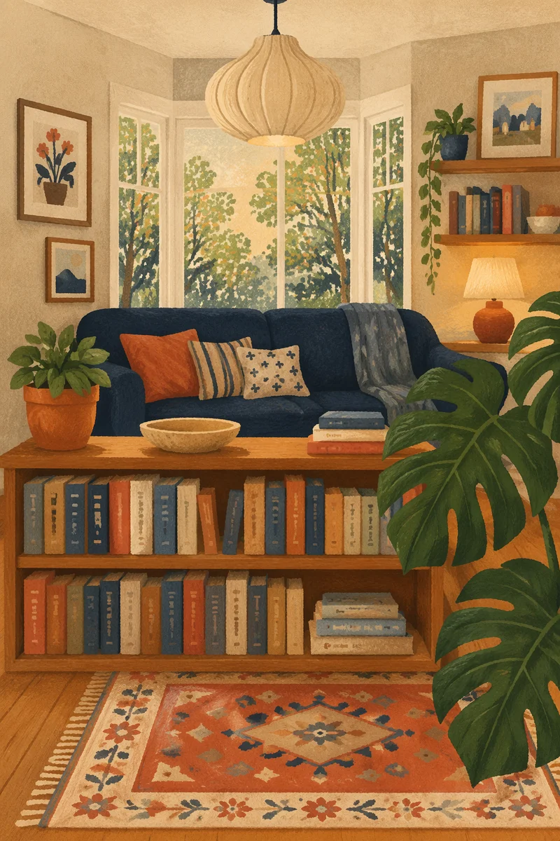 Cozy Home Library with Navy Sofa