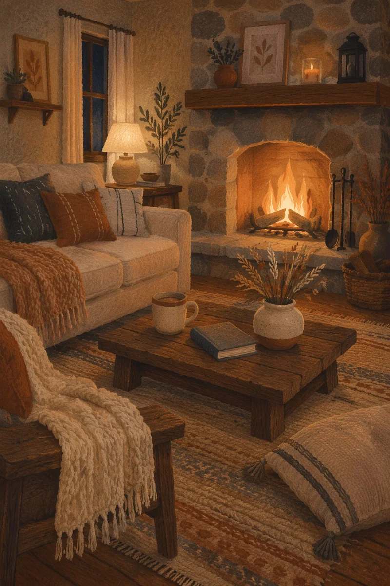 Cozy Living Room Fireplace Warm Evening