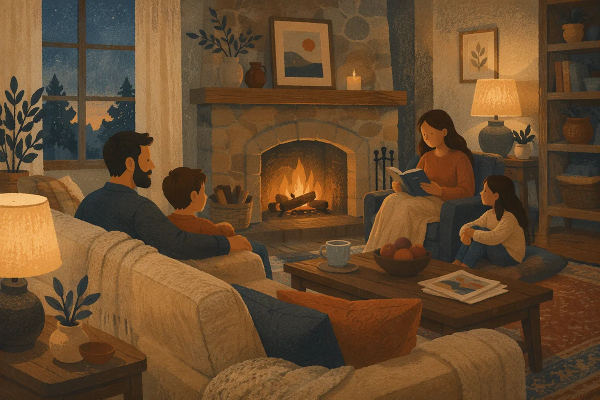 Cozy Living Room Fireplace at Dusk
