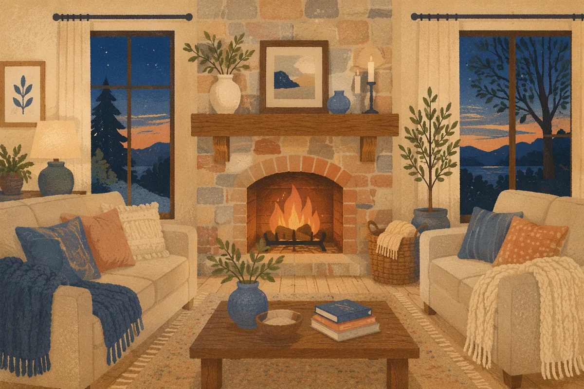 Cozy Farmhouse Living Room by Fireplace