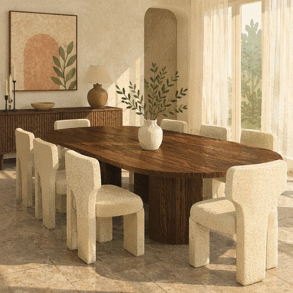 Elegant Walnut Dining Room with Ivory Chairs