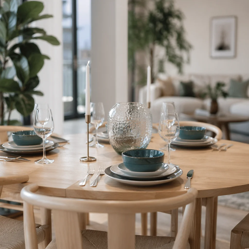 Elegant Dining Table with Teal Place Settings