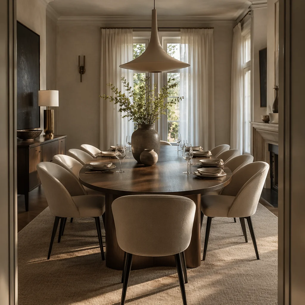 Elegant Walnut Dining Room with Cream Chairs