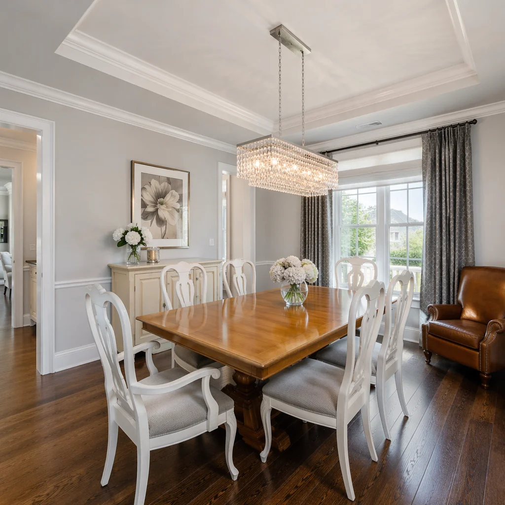 Elegant Dining Room Table and White Chairs