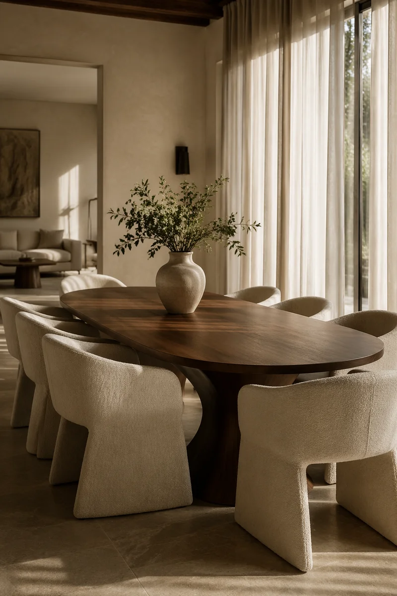 Elegant Walnut Dining Room with Ivory Chairs