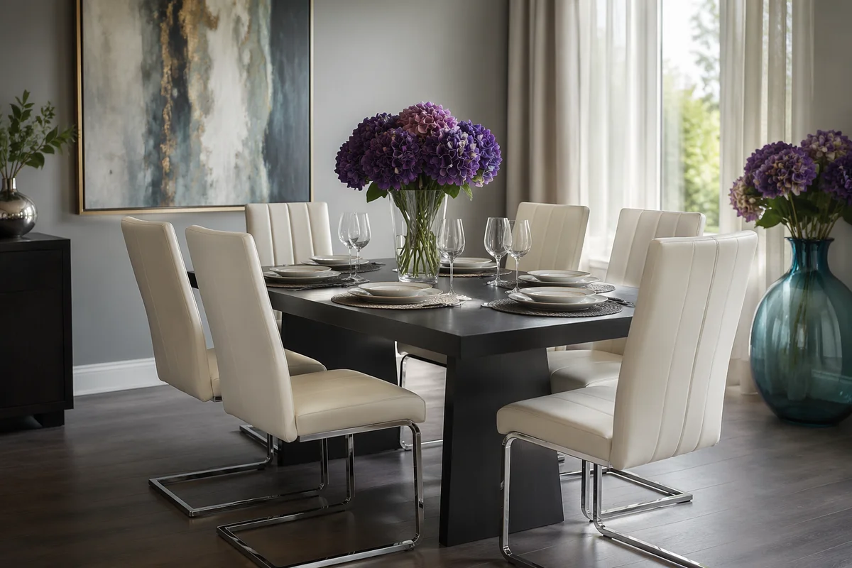 Elegant Modern Dining Room with Violet Hydrangeas
