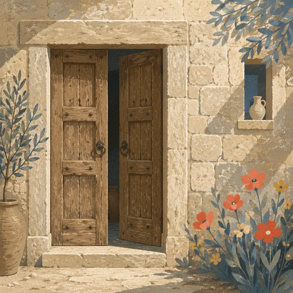 Rustic Wooden Entrance in Limestone Wall