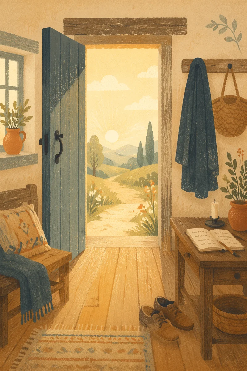 Peaceful Wooden Doorway with Morning Light
