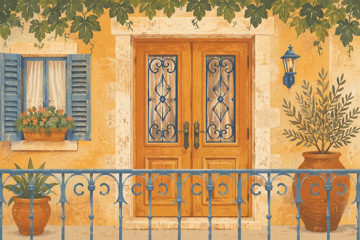 Rustic Wooden Entrance with Mediterranean Vines