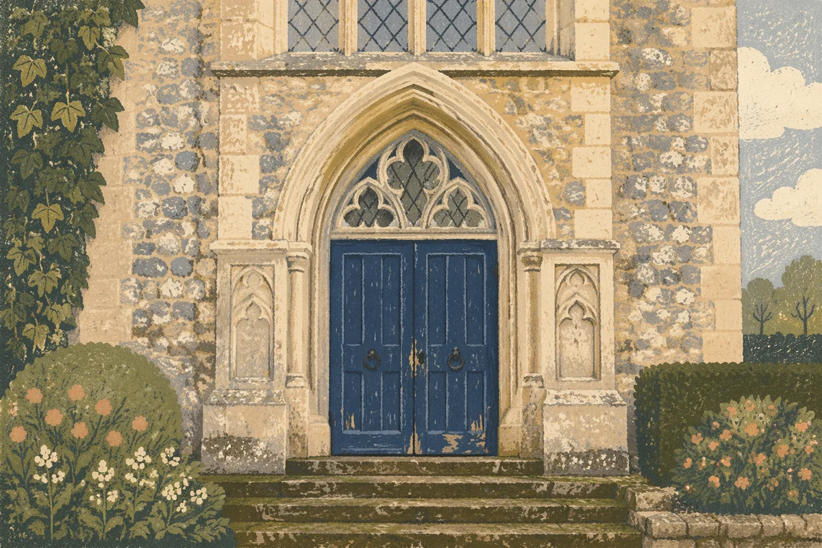 Deep Navy Chapel Doorway with Gothic Stone Arch