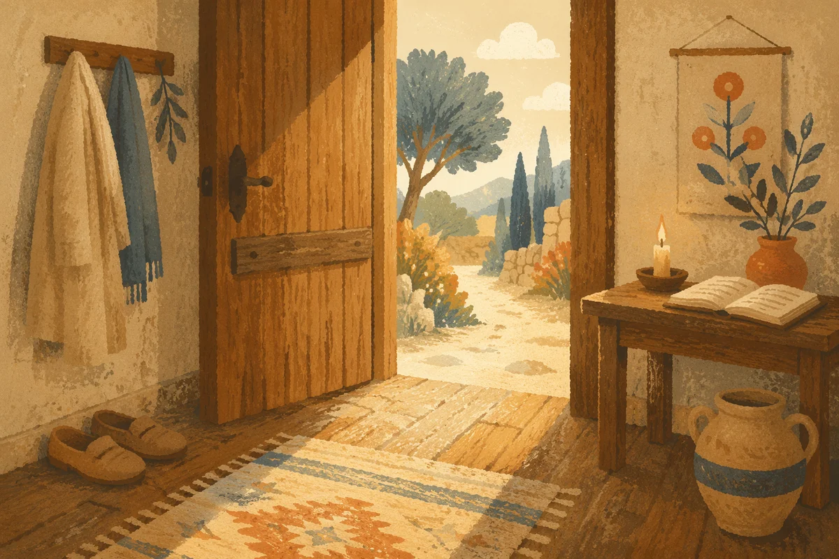 Warm Wooden Doorway with Morning Welcome