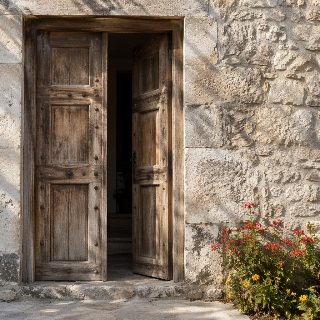 Rustic Wooden Door in Limestone Wall