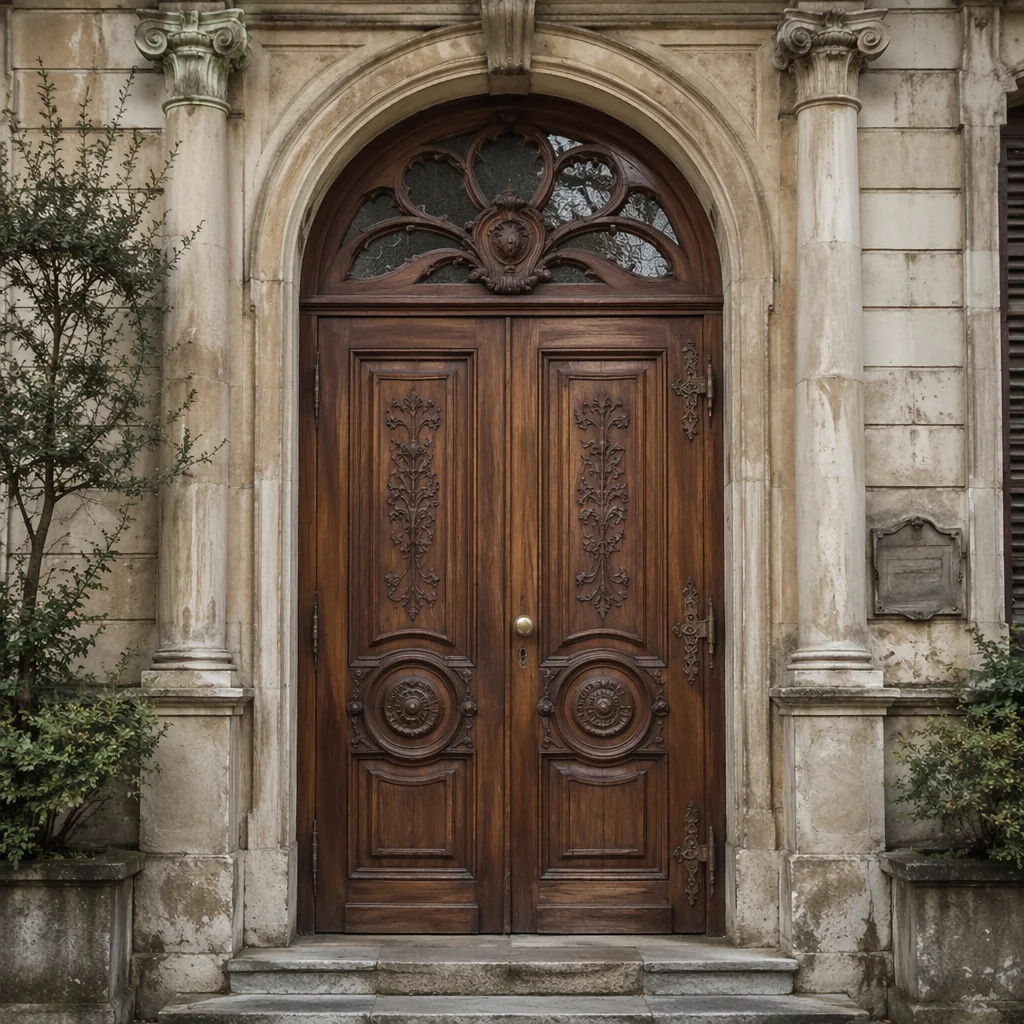 Ornate Wooden Door in Stone Entrance