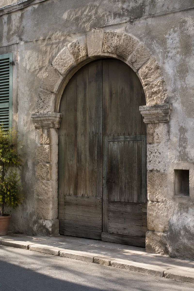 Weathered Wooden Arched Doorway in Historic House