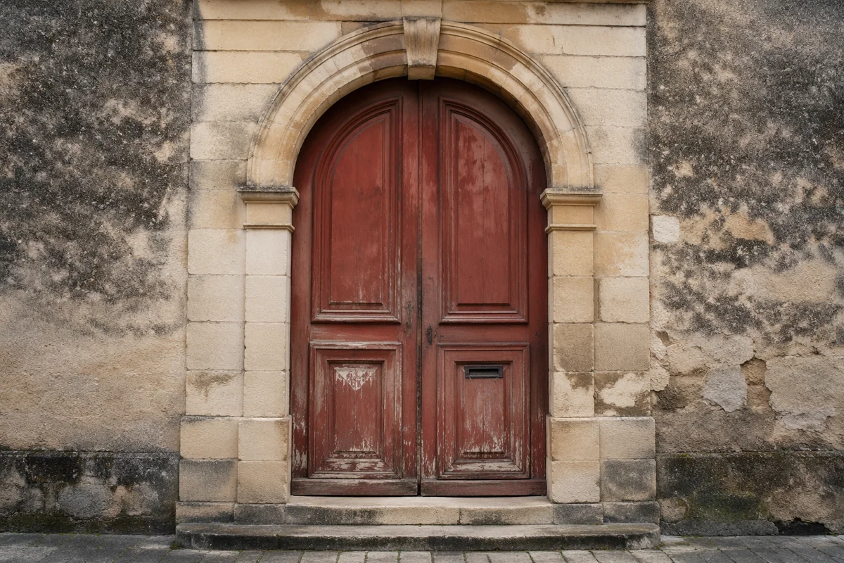Weathered Arched Wooden Entrance in Stone Facade