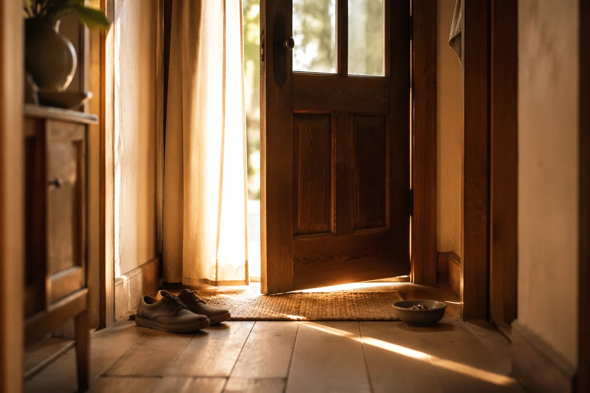 Morning Light Through Wooden Entrance Door