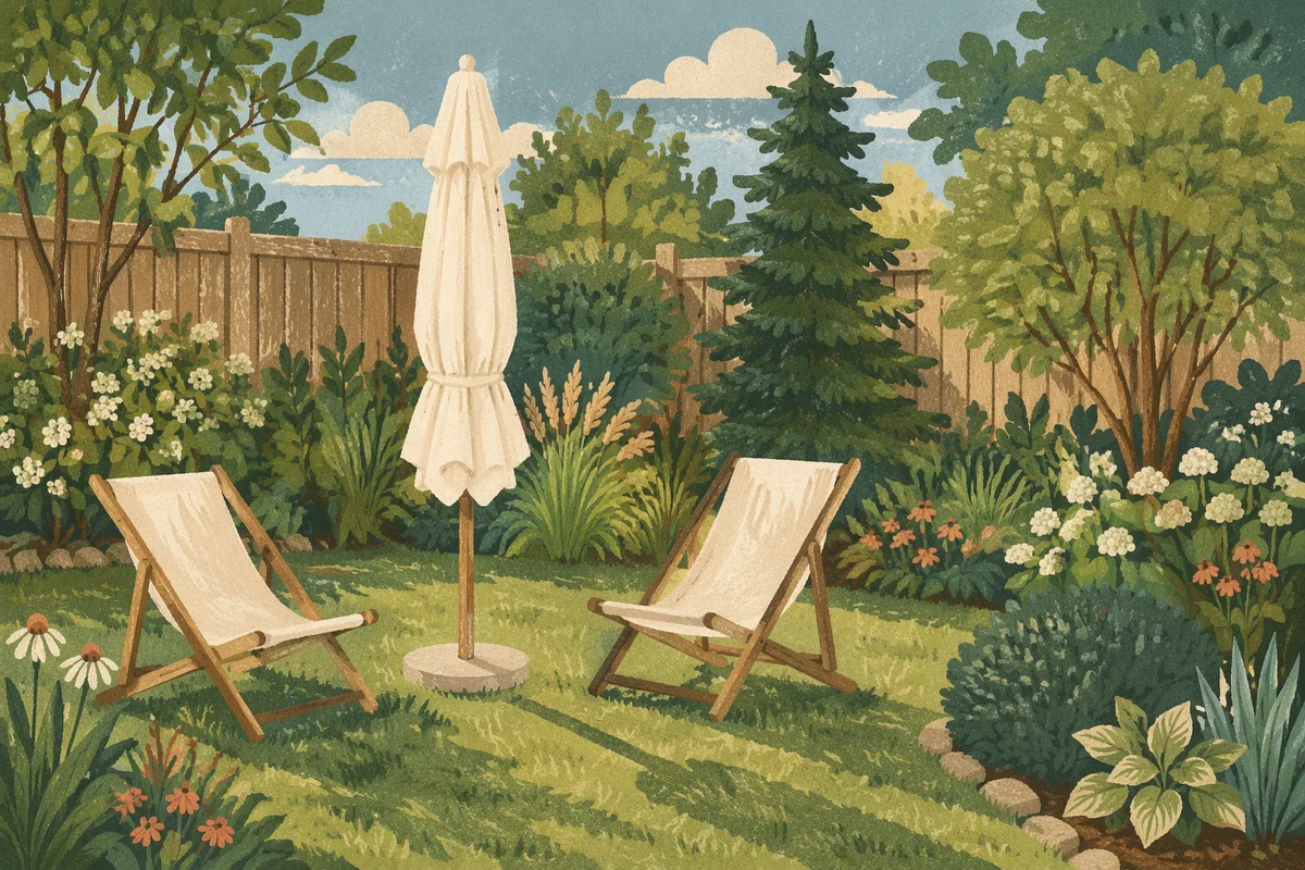 Serene Backyard Garden with Deck Chairs