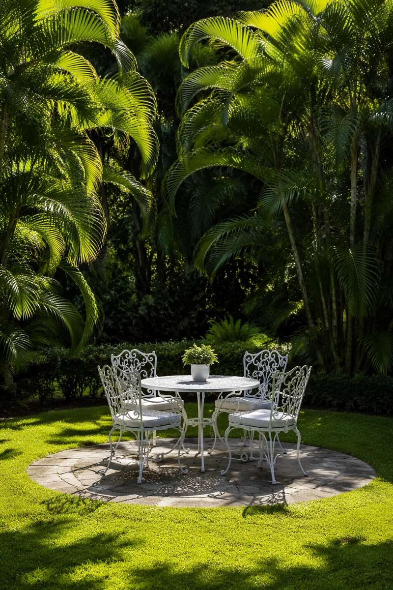 Sunlit Backyard Garden Patio With White Dining Set