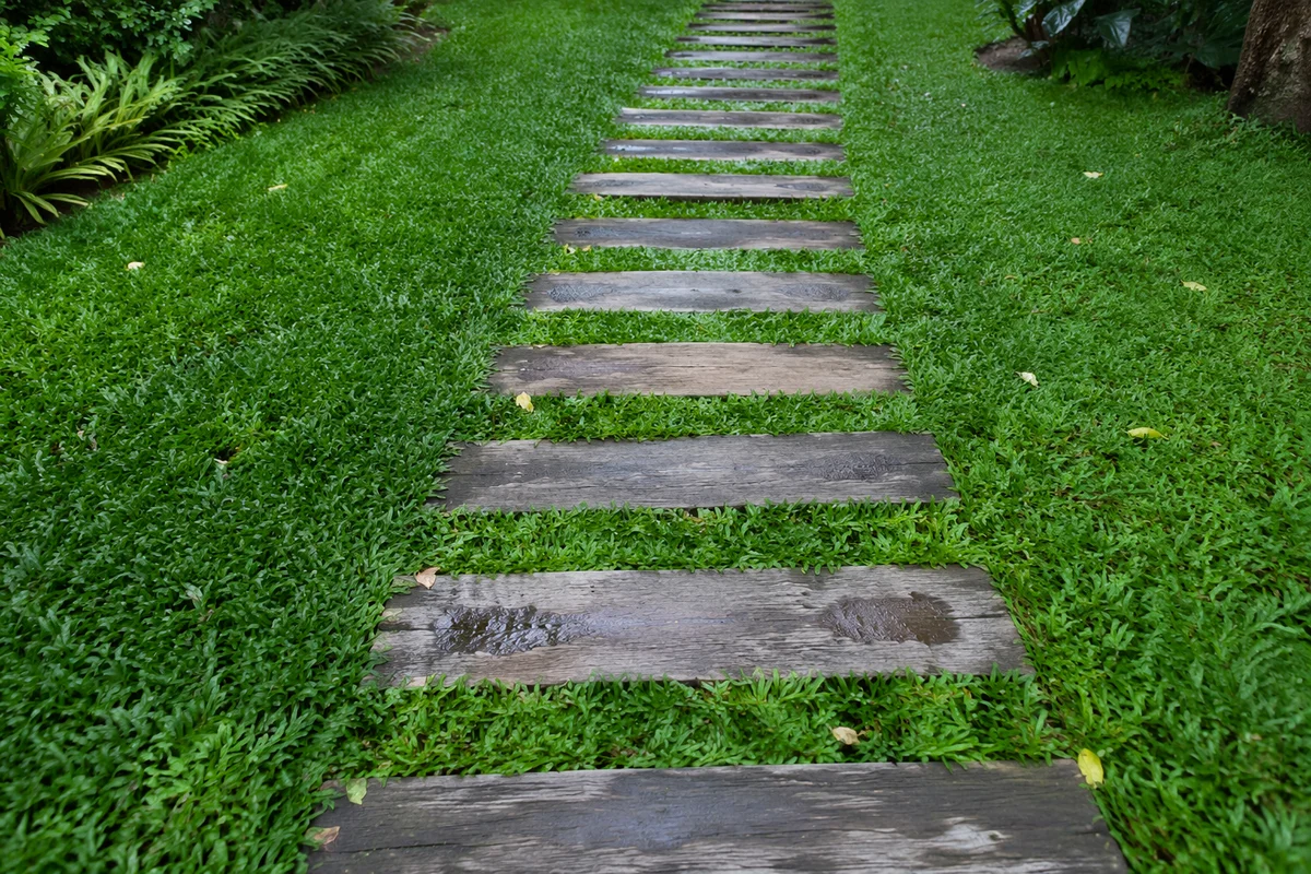 Emerald Lawn Path with Weathered Wooden Planks