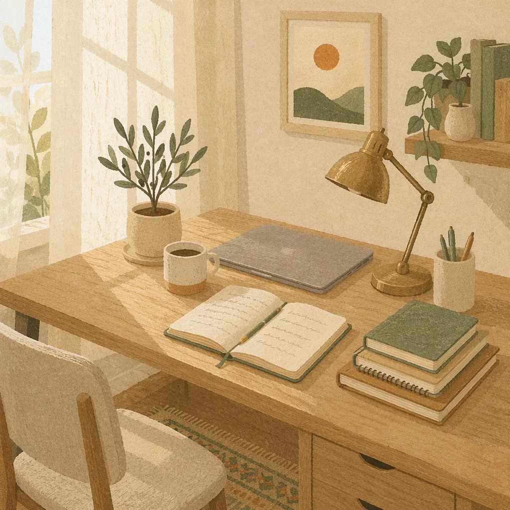 Organized Home Office Desk in Morning Light