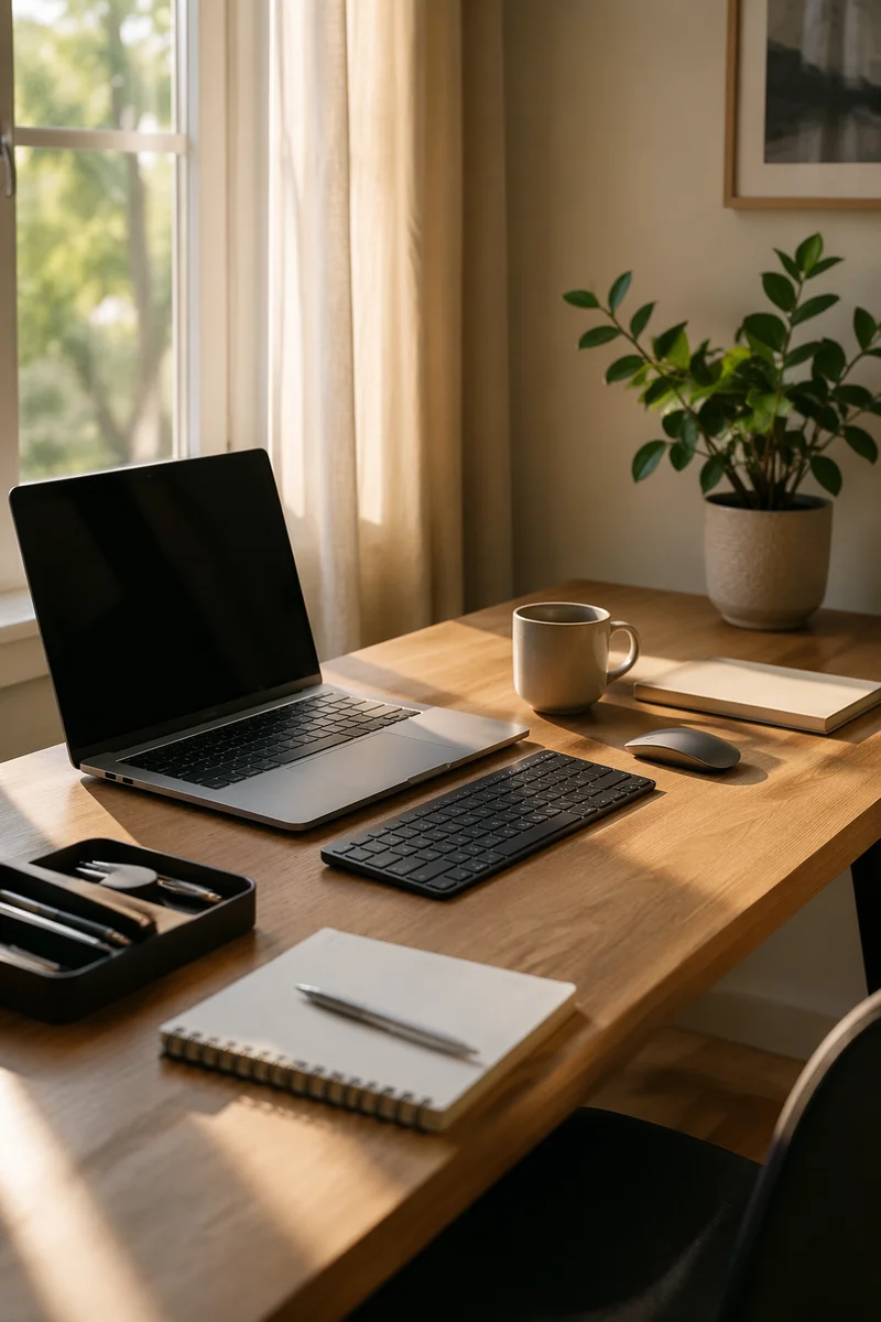Organized Home Office Desk in Morning Light