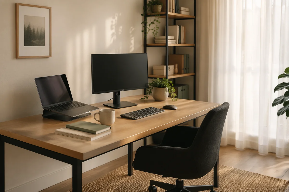 Organized Home Office Desk in Morning Light