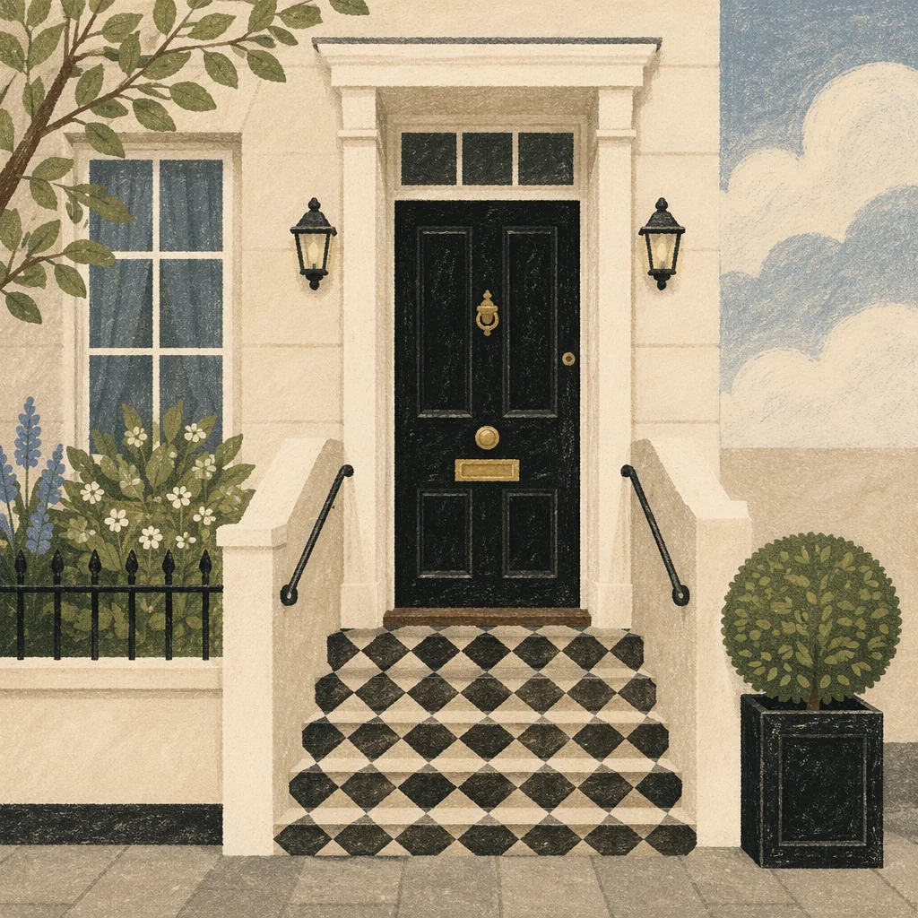 Modern Townhouse Entrance with Checkerboard Steps