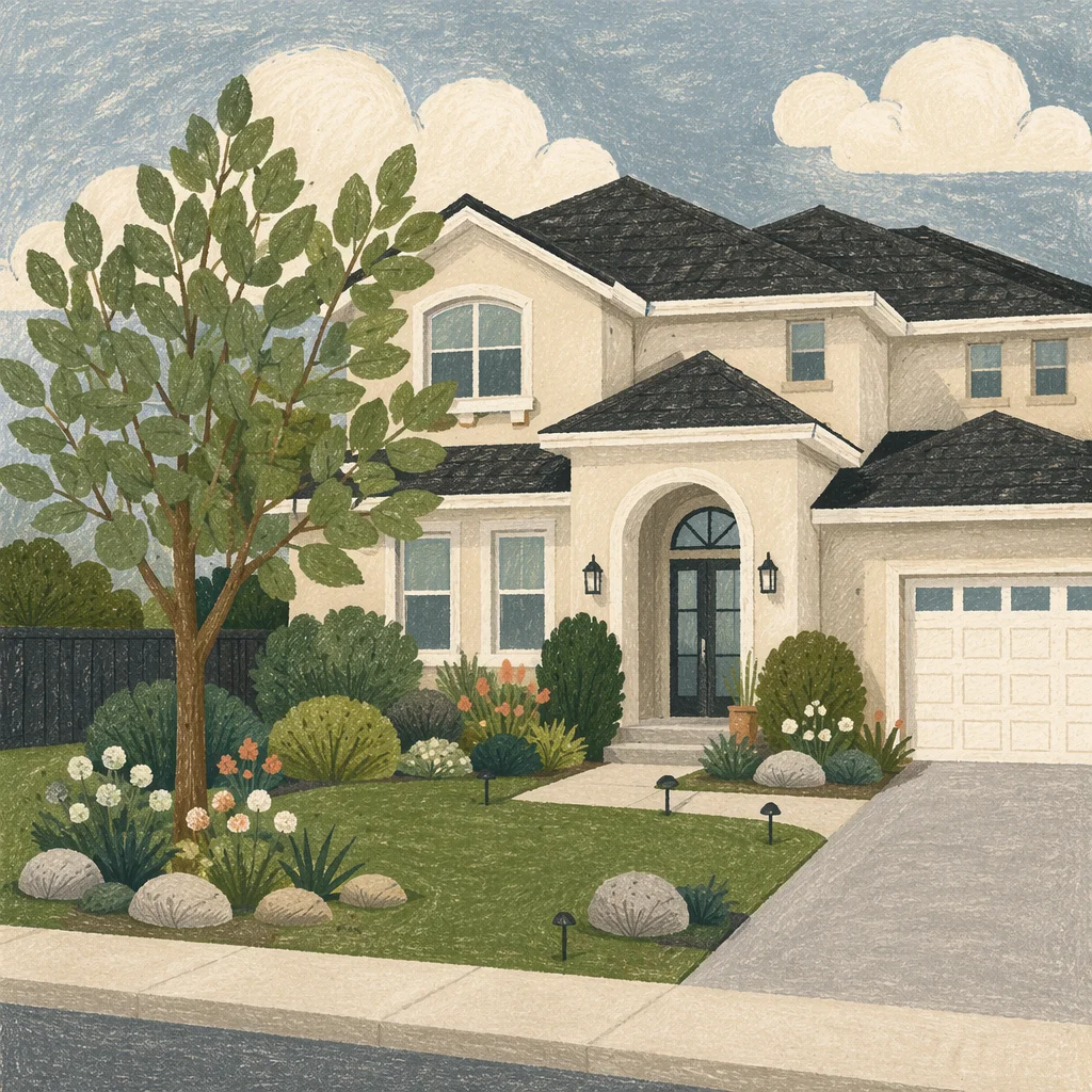 Modern Suburban House Exterior with Green Lawn