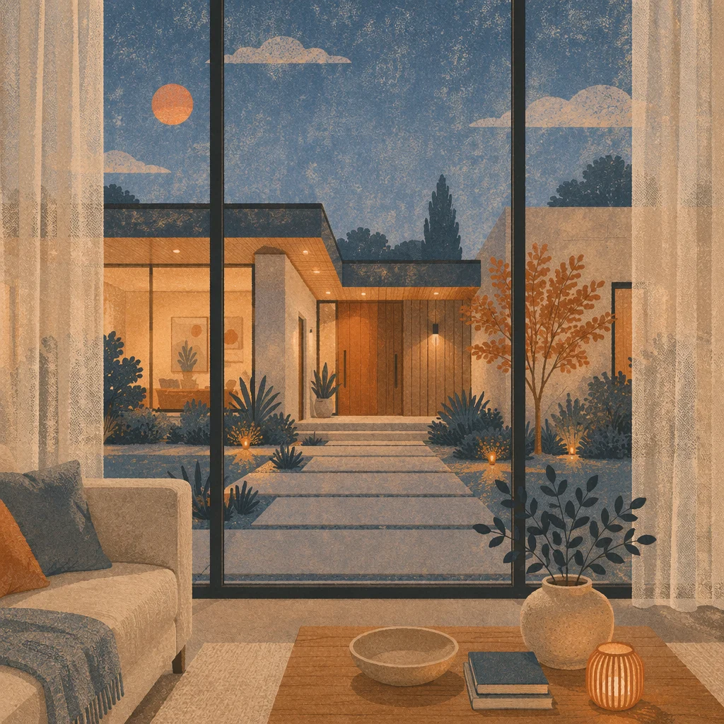Modern House Front Through Glass Living Room
