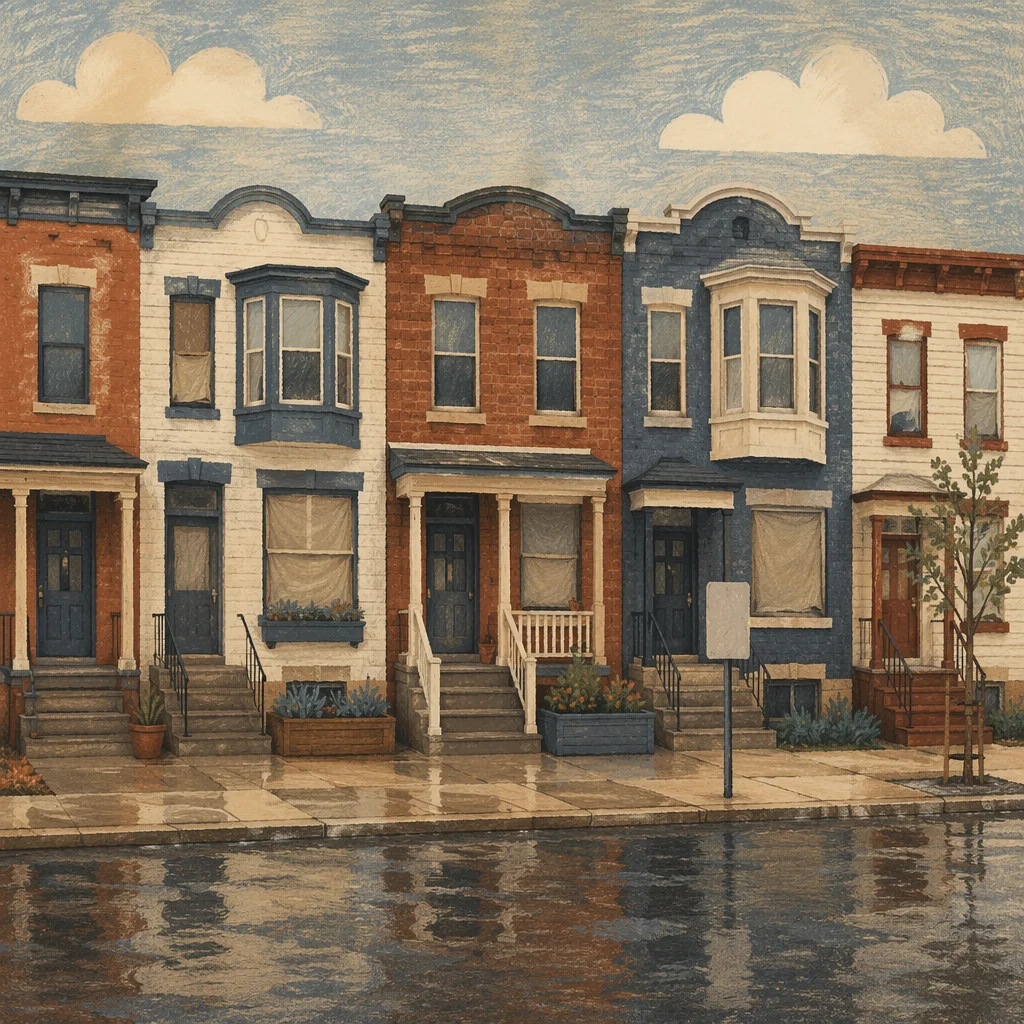 Rainy Urban Townhouse Facades With Porches