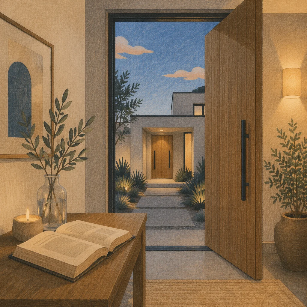 Peaceful Modern Foyer With Open Front Door
