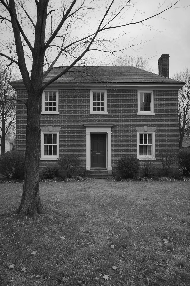 Symmetrical Brick House in Winter Monochrome