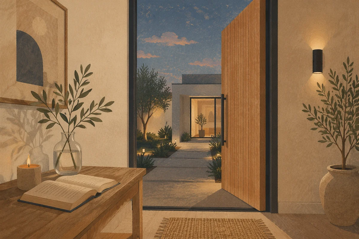 Peaceful Modern Foyer with Open Front Door