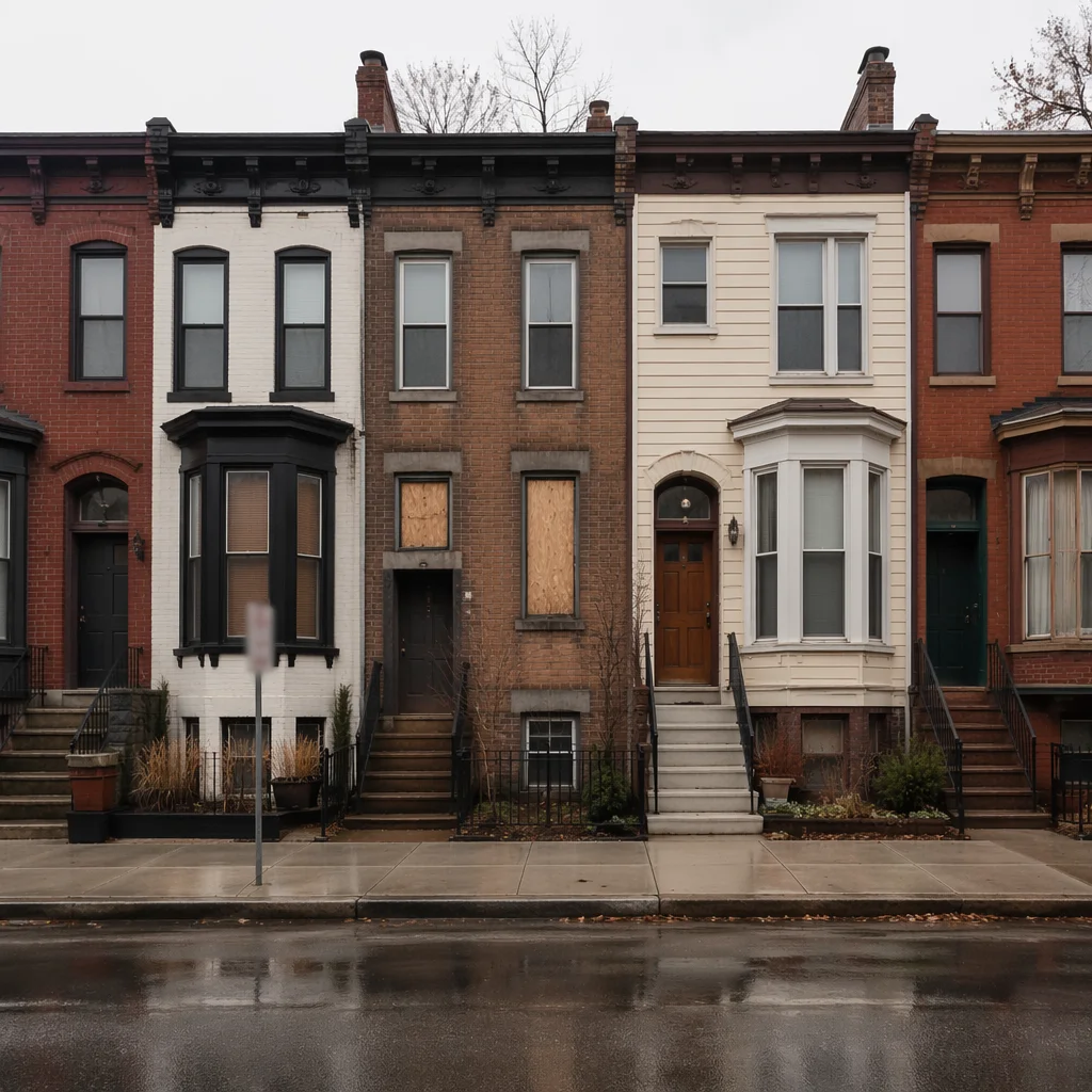 Rainy Urban Townhouse Exterior Facades