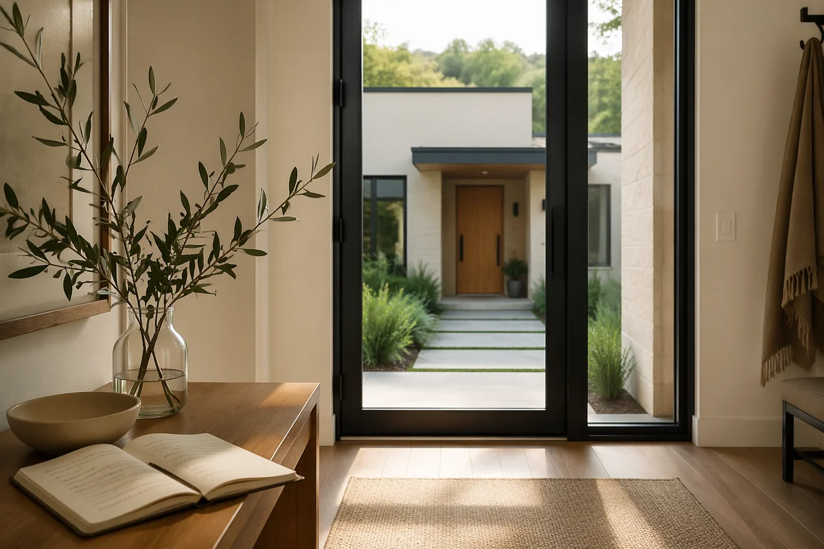 Peaceful Modern Foyer with Glass Front Door