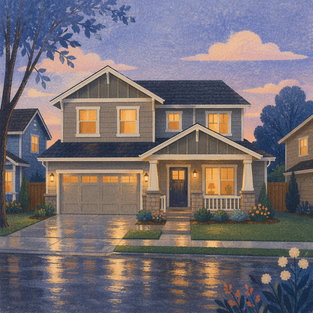 Welcoming Suburban Craftsman House at Blue Hour
