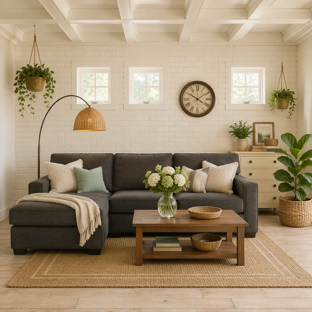 Modern Rustic Living Room With Charcoal Sofa