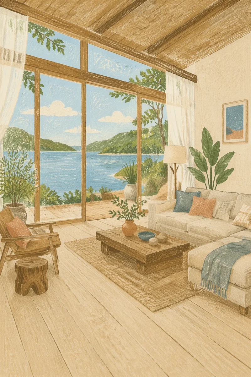Modern Coastal Living Room with Lake View