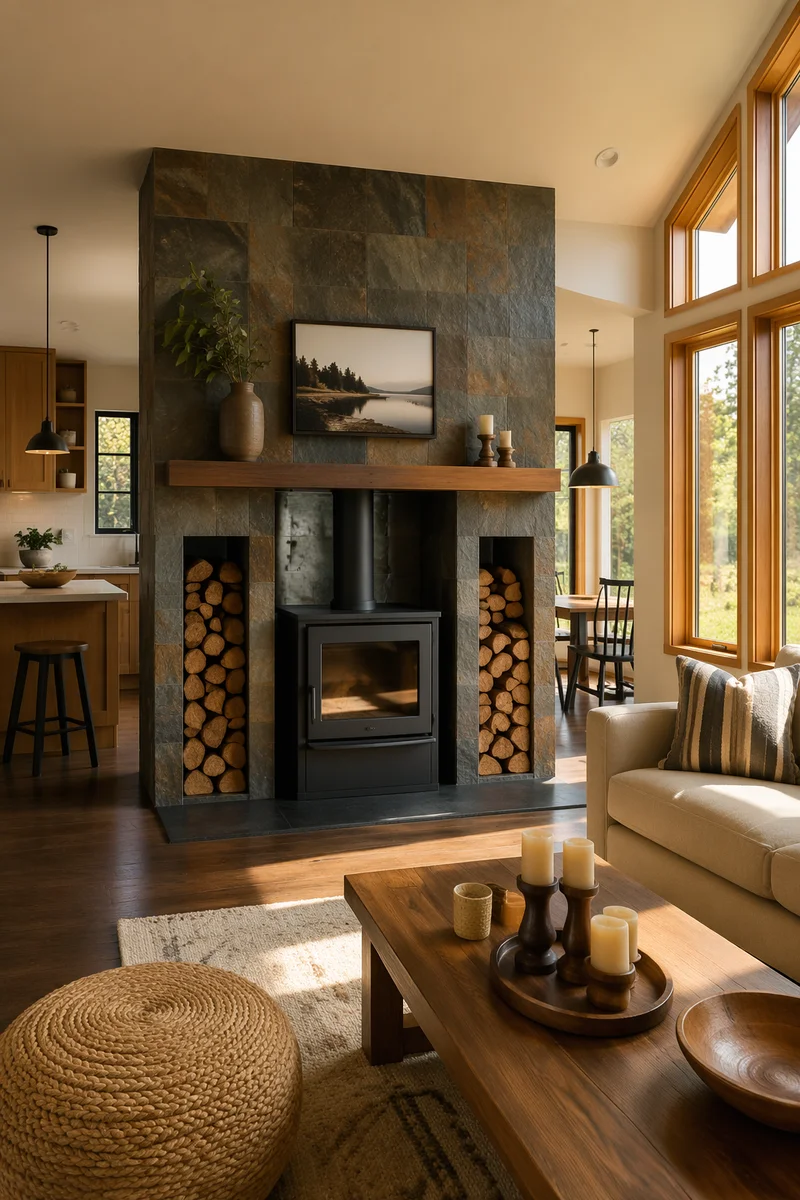 Modern Living Room Sofa by Fireplace
