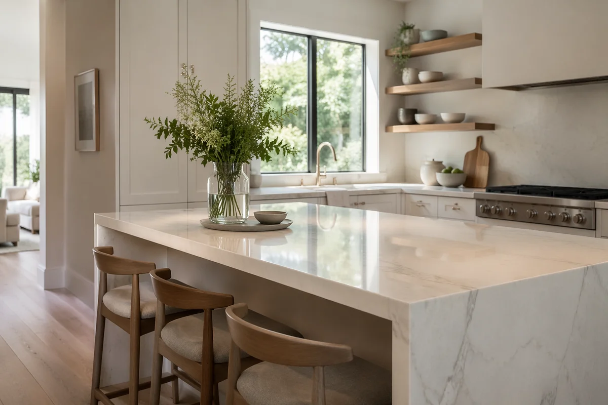 Serene Modern Kitchen with White Marble Island