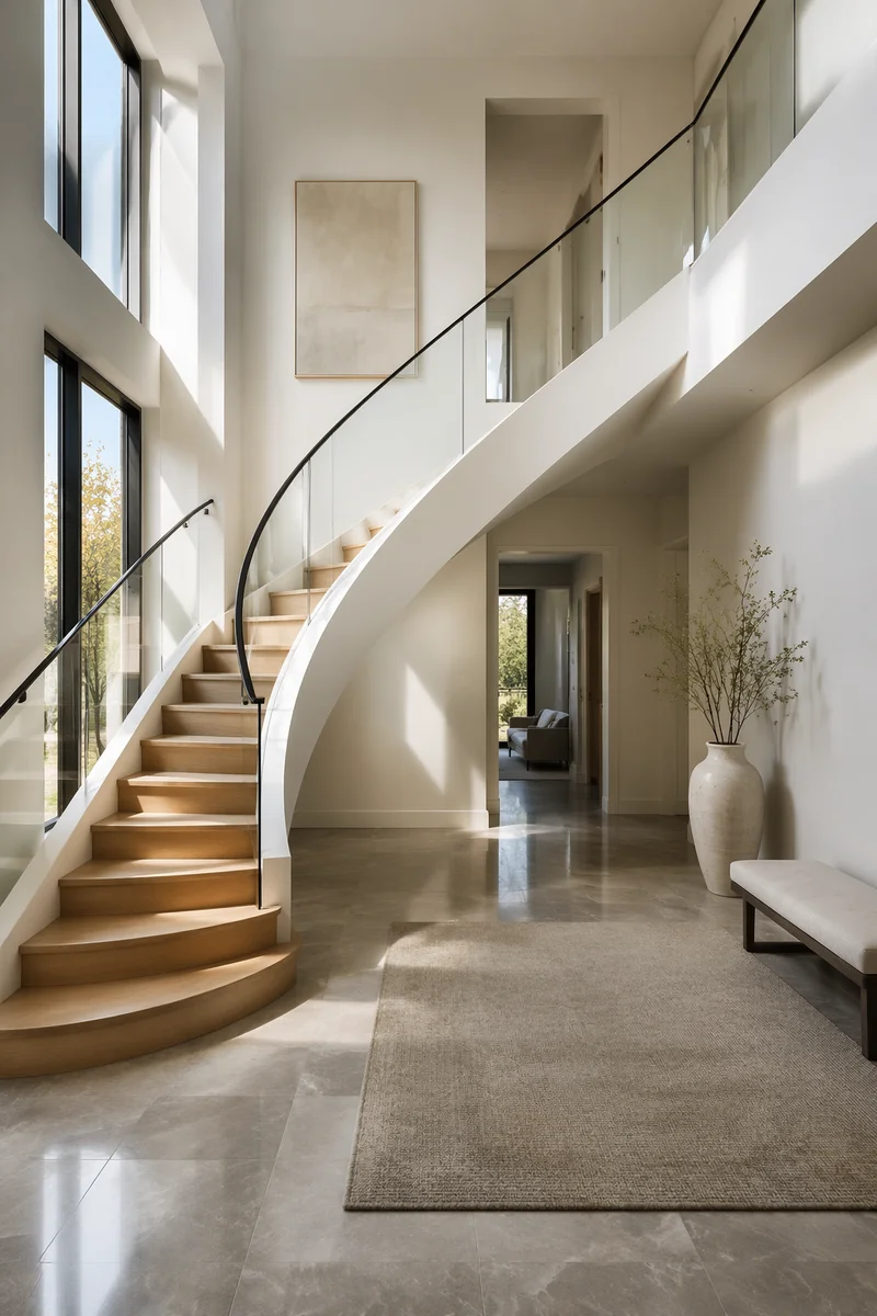 Modern Sculptural Staircase in Bright Foyer