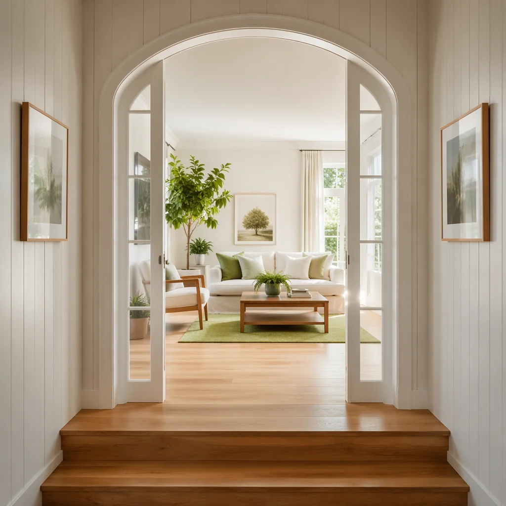 White Arched Doorway to Bright Minimalist Room