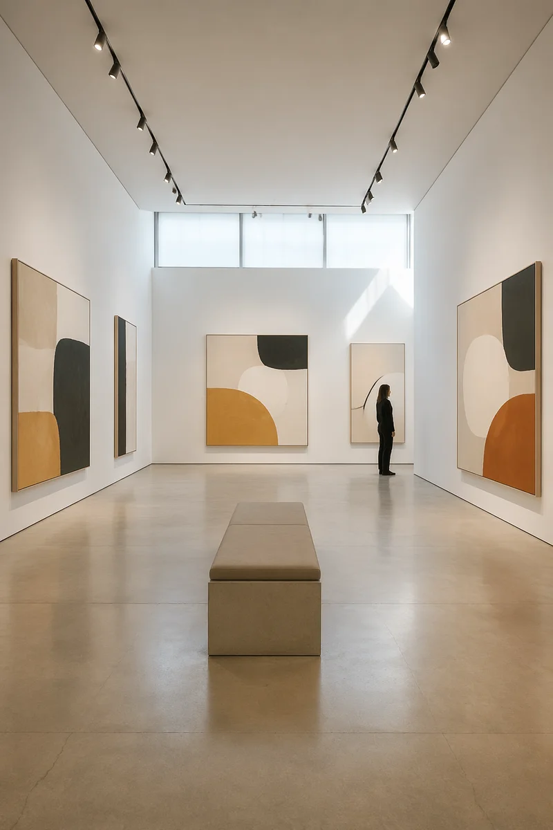 Serene White Gallery with Abstract Paintings