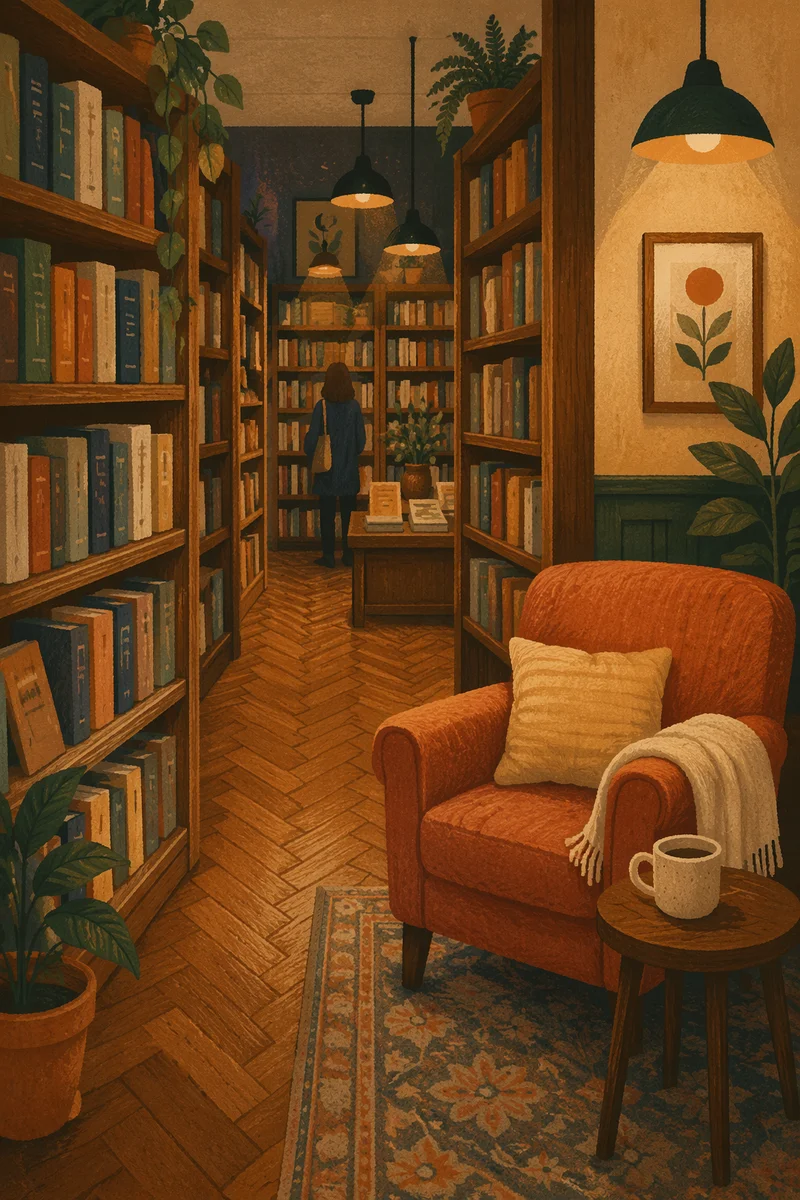Cozy Independent Bookstore Interior at Sunset