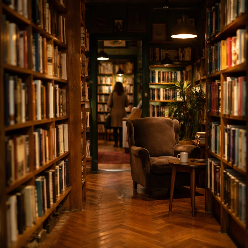 Cozy Independent Bookstore Interior After Sunset