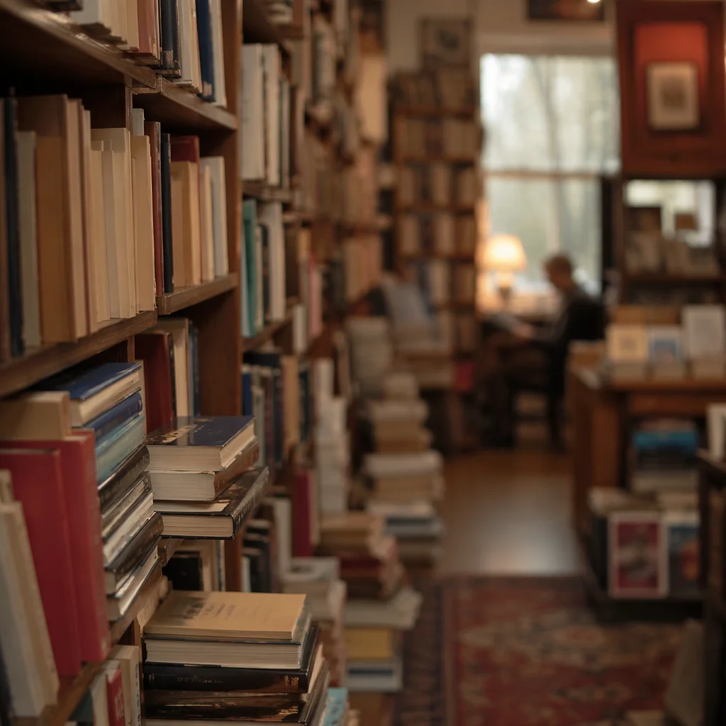 Cozy Bookstore Aisle with Warm Shelves