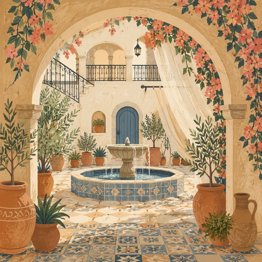 Mediterranean Courtyard Fountain Under Arched Walkway