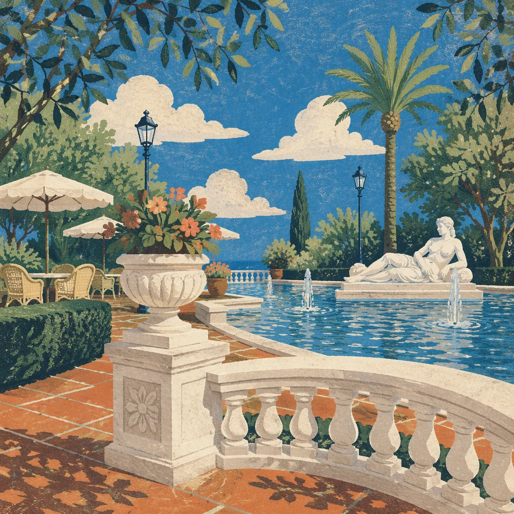 Mediterranean Courtyard Fountain Garden in Sunlight